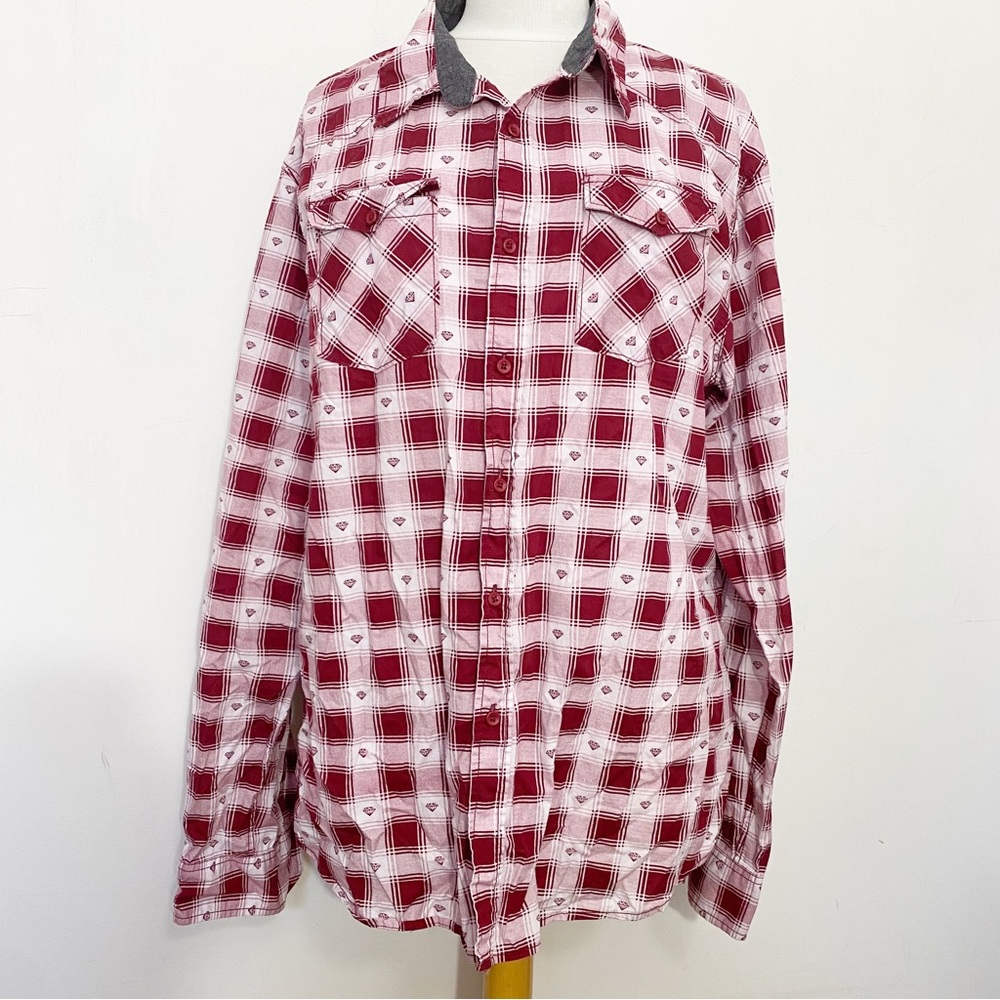 CARBON VTG woven cotton plaid long sleeve button up shirt diamond print XXL
